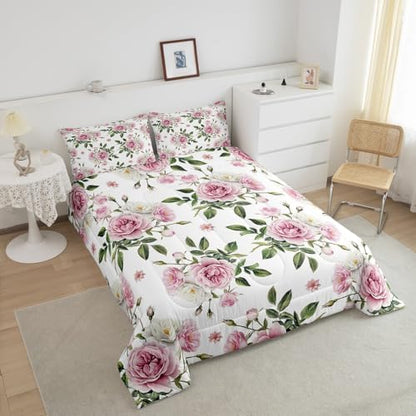 jejeloiu Pink Rose Comforter Set Toddler Size Kids Vintage Floral Flower Bedding Set Boys Girls Botanical Green Leaves Duvet Breathable Blossom Plant Quilt Bedroom Decor,1 Comforter with 1 Pillowcase