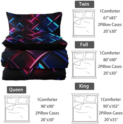 Nttopship Blue Black Geometric Comforter Set Full Size 3D Stereoscopic Square Bedding Set Honeycomb Bedding Set 3 Piece Modern Style Geometry Decor,Microfiber LightweightWith 2 Pillowcases
