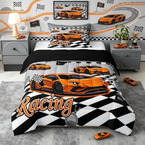 Feelyou Boys Race Car Bedding Set Soft for Boys Girls, Speed Sports Car Comforter Set Toddler Size Orange Racing Duvet Quilt Microfiber Extreme Sports Bedroom Decor 2 Pcs with 1 Pillow Cases