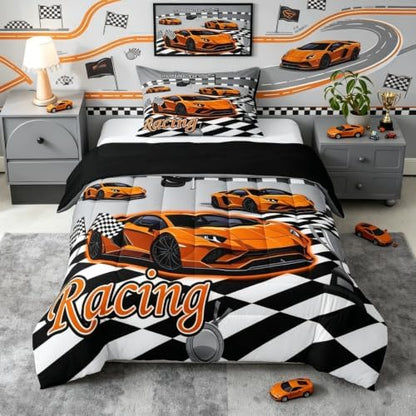 Feelyou Boys Race Car Bedding Set Soft for Boys Girls, Speed Sports Car Comforter Set Twin Size Orange Racing Duvet Quilt Microfiber Extreme Sports Bedroom Decor Automobile 2 Pcs with 1 Pillow Cases