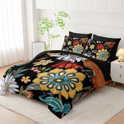 Nttopship 7 Pieces Colorful Floral Comforter Set,Bohemian Botanical Bedding Set Queen Size,Boho Farmhouse Flower Leaves Printed on Black Design,All Season Lightweight Soft Microfiber Bedding Set