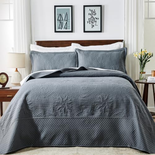 Qucover King Bedspread Medallion Pattern Quilt Bedding Set 3 Pcs Dark Grey
