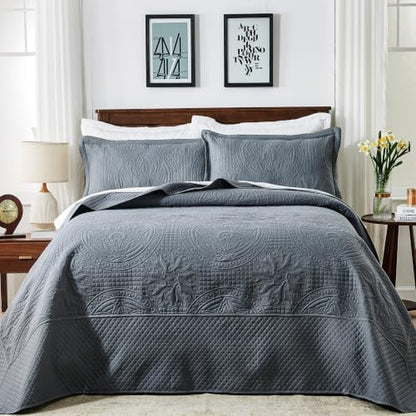 Qucover King Bedspread Medallion Pattern Quilt Bedding Set 3 Pcs Dark Grey