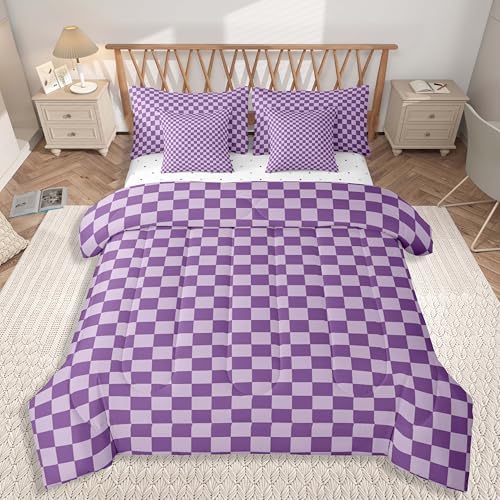 jejeloiu Purple Bedding Set 7Pcs King Size Kids Buffalo Plaid Comforter Set with Sheets for Boys Girls Checkered Grid Bed in a Bag Soft Lightweight,Microfiber