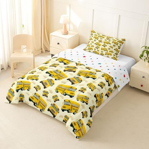 Feelyou Yellow School Bus Comforter Set Toddler Size Cartoon Truck Bedding Set for Kids Boys Girls Transport Vehicles Duvet Quilt Bedroom Decor Microfiber 2 Pcs with 1 Pillow Case