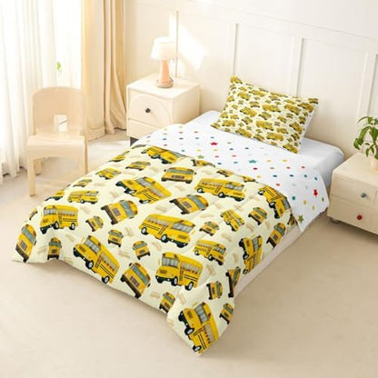 Feelyou Yellow School Bus Comforter Set Toddler Size Cartoon Truck Bedding Set for Kids Boys Girls Transport Vehicles Duvet Quilt Bedroom Decor Microfiber 2 Pcs with 1 Pillow Case