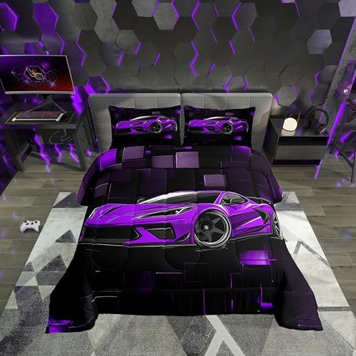 Erosebridal Kids Race Car Bedding Set Twin Size Purple Racing Car Comforter Set for Boys 2 Pieces Extreme Sports Theme Bedding Comforter Sets Abstract Plaid Grid Down Comforter Teens Bedroom Decor