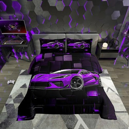 Erosebridal Kids Race Car Bedding Set Twin Size Purple Racing Car Comforter Set for Boys 2 Pieces Extreme Sports Theme Bedding Comforter Sets Abstract Plaid Grid Down Comforter Teens Bedroom Decor