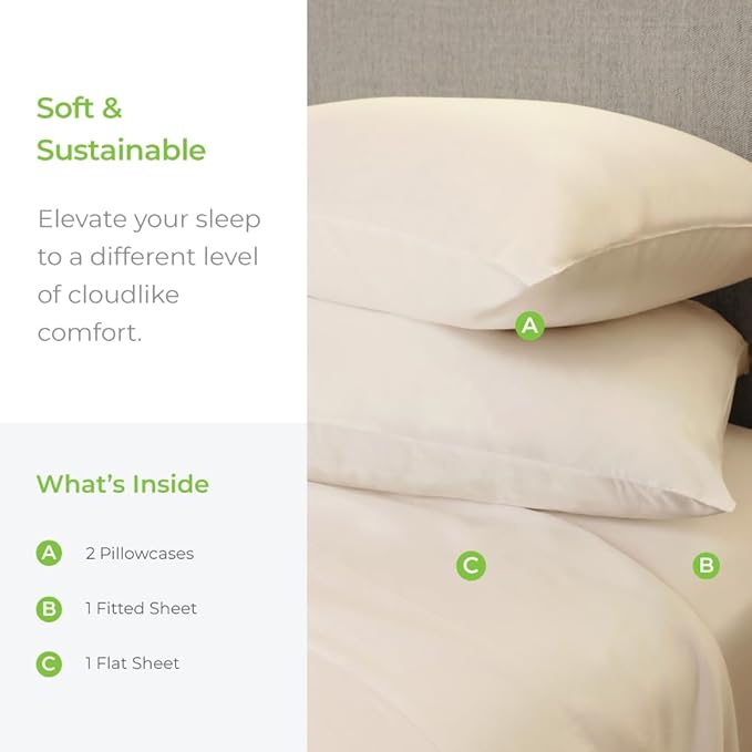 Cariloha Aloha Soft 4-Piece Sheet Set | Natural | Split King | Made from 100% Viscose derived from Bamboo | Introductory Sheet Line