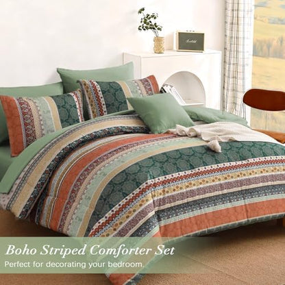 Cottolester Boho Comforter Set Queen Size,8 Pieces Striped Bed in a Bag