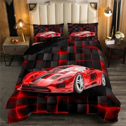 Feelyou Kids Red Race Car Comforter Set King Size Speed Sports Car Bedding Set for Boys Teens Decor Geometric Honeycomb Comforter Extreme Sports Duvet Set 3pcs