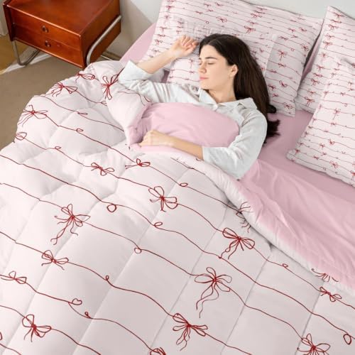 Erosebridal Pink Bow King Size Comforter Set with Sheets | Pink Bowknot 7 Piece Bedding Set Coquette Bowknot Bed in a Bag, Butterfly Knot Princess Room Decor,Room Decor Pink