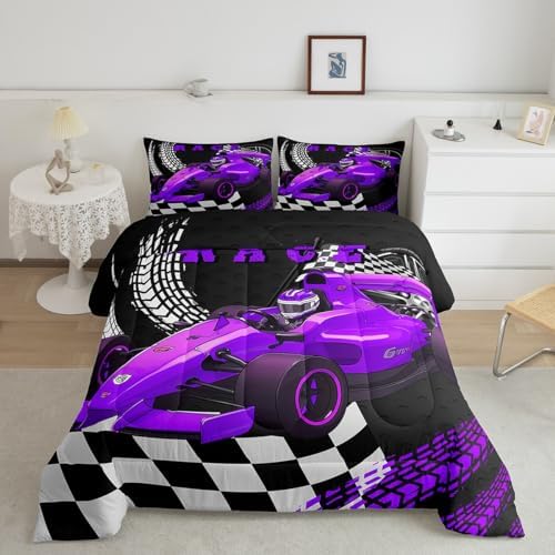 Go Kart Toddler Race Car Bed for Boys,Black and White Buffalo Plaid Drift Kart Comforter Set Toddler Bedding Sets for Boys,Square Grid Lattice Quilt,Purple Karting Extreme Sport Duvet Insert King