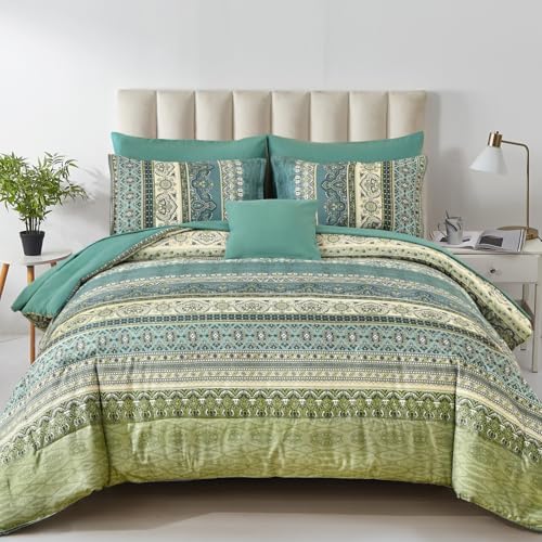 Cottolester Boho Full Comforter Set,Green Paisley Striped Bed in A Bag