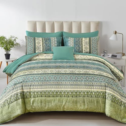 Cottolester Boho Full Comforter Set,Green Paisley Striped Bed in A Bag
