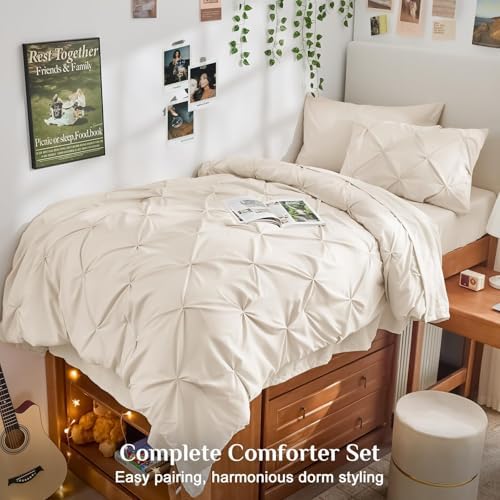 JOLLYVOGUE Twin Comforter Set 5 Pieces - Bed in a Bag Twin for All Season, Pintuck Bedding Comforter Sets with Comforter, Flat Sheet, Fitted Sheet and Pillowcases & Shams, Beige