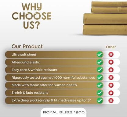 Split Top California King - 4 Piece Bedding - Deep Pocket Sheet Set - Split Top California King Sheets Sets for Adjustable Bed - Double Brushed Microfiber (Gold)