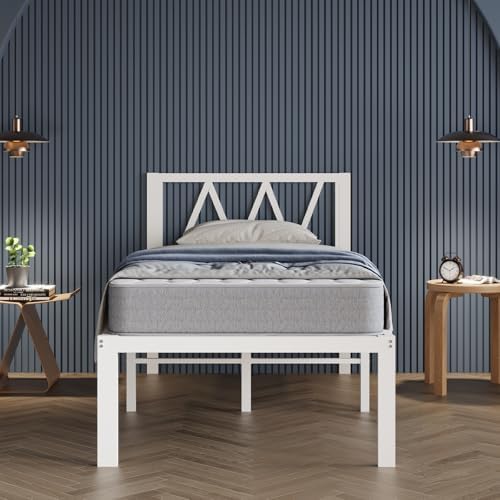 Avenco 18 Inch Twin Bed Frame with Headboard, White Metal Platform Bed Frame, Twin Size Bed Frame No Box Spring Needed, Easy Assembly, Heavy Duty Slats Support