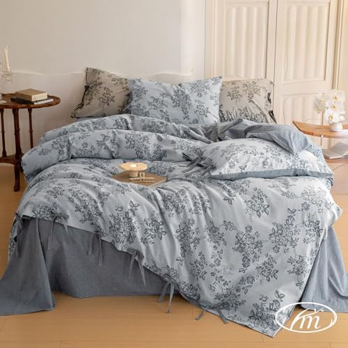 VM VOUGEMARKET Linen Duvet Cover Queen Monet Style Floral Duvet Cover Set,Jacquard Textured Comforter Cover 90"x90" with 2 Pillowcases,Navy Blue