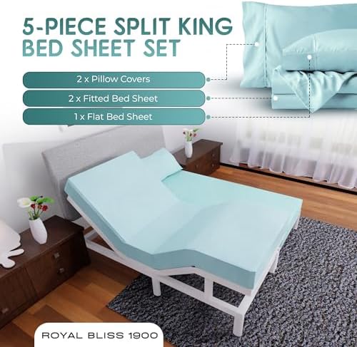 Split King Sheets Set with 2 Twin XL Fitted Sheet - 5 Piece Bedding - Wrinkle Free, Fade Resistant, Double Brushed Microfiber - Deep Pockets/Easy Fit (Aqua)