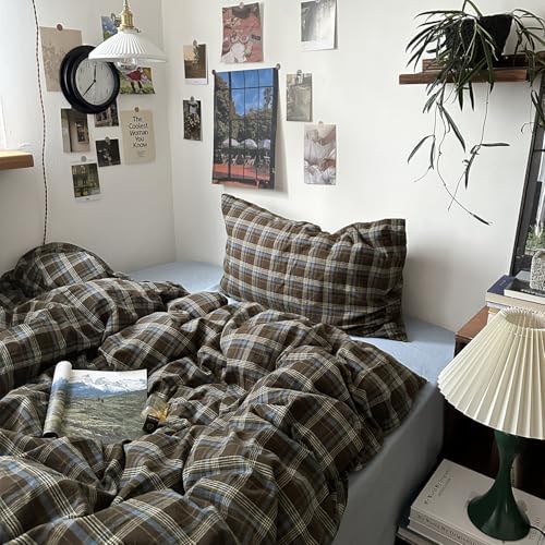 mixinni Vintage Buffalo Plaid Duvet Cover Set Queen Size - 3 Piece Washed Cotton Bedding Set with Grid Pattern, Soft & Breathable Duvet Cover with Pillowcases for All Seasons,(Brown & Blue,Beige)