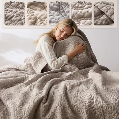 WDCOZY Dark Beige 100% Cotton Quilt Queen Size Bedding Sets with 2 Pillow Shams, Floral Rosette Lightweight Bedspread Soft Farmhouse Patterned Coverlet Quilted Comforter Bed Cover All Season, 3 Pieces