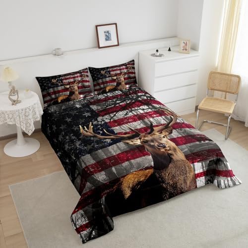 Manfei 3D Deer Comforter Set Full Size American Flag Bedding Set 3pcs for Kids Boys Teens Room Decor, Wildlife Animal Elk Print Quilt Set Stars and Stripes Duvet Insert with 2 Pillowcases