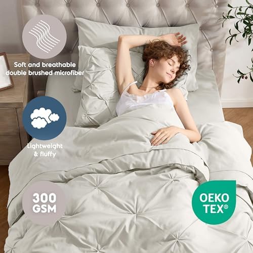 Nestl 7 Piece Twin Comforter Set – Off White Pinch Pleated Bed in a Bag – Complete Twin Size Bedding Set with Sheets, Set of 2 Cooling Pillows, Pillowcase and Sham