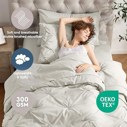 Nestl 7 Piece Twin Comforter Set – Off White Pinch Pleated Bed in a Bag – Complete Twin Size Bedding Set with Sheets, Set of 2 Cooling Pillows, Pillowcase and Sham