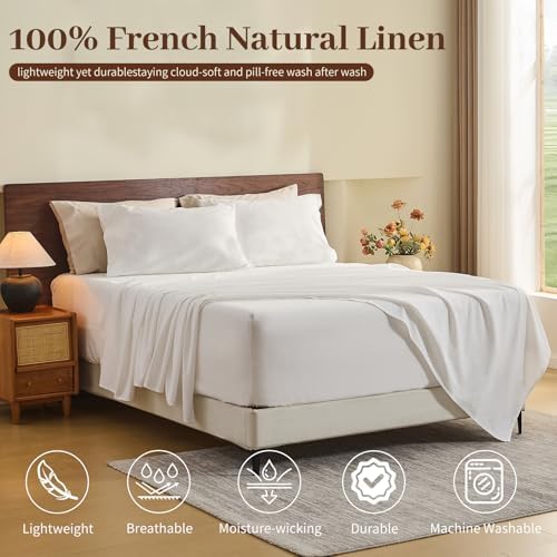 MEISHANG 100% French Linen Sheets King,6 Pcs,18-24" Extra Deep Pocket