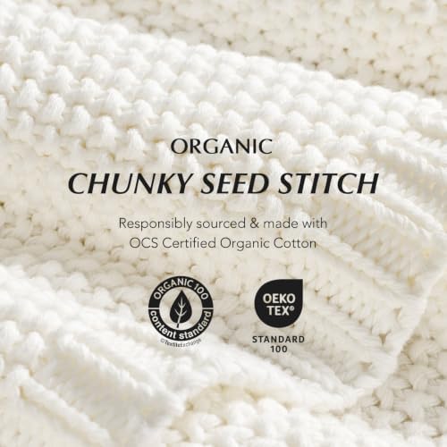 EverGrace Organic Cotton Chunky Knit Throw Blanket, 50 x 60 Bright White