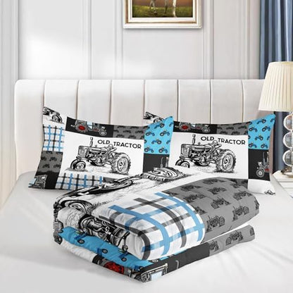 Axolotl Tractor Comforter Set King Size,Cartoon Truck Car Comforter Set for Boys,Farm Excavator Bedding with Old Tractor for Kids Boys Teens Adults,All Season,1 Quilt 2 Pillowcases