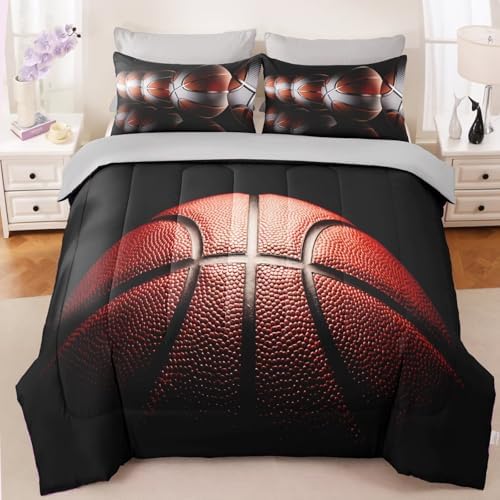 Teens Boys Sports Comforter Set Twin,Basketball Bedding Set for Kids,Sports Orange Basketball Comforter Sets,Black Teenage Boy Bedroom Bed Set 3 Pieces with Pillowcases