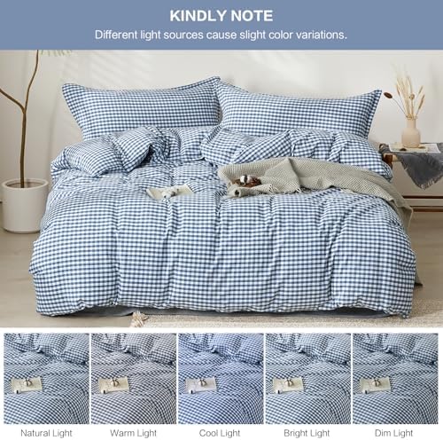 SAPHREAS Gingham Duvet Cover Set Queen Size, 100% Washed Cotton Linen Like Plaid Comforter Cover with Zipper Closure & Corner Ties (No Comforter), 90x90 Navy