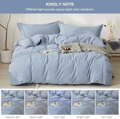SAPHREAS Gingham Duvet Cover Set Queen Size, 100% Washed Cotton Linen Like Plaid Comforter Cover with Zipper Closure & Corner Ties (No Comforter), 90x90 Navy