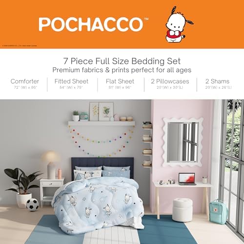 Sanrio Pochacco Bedding 7 Piece Super Soft Cozy Reversible Comforter and Sheet Set with Sham, Full, (Officially Licensed Product) By Franco
