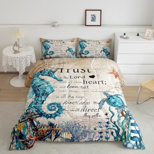 Homewish Seahorse Turtle Comforter Set Queen Size,Nautical Anchor Lighthouse Bedding Sets for Kids Girls Boys Teens Room Decor,Ocean Animals Quilt Set Vintage Bible Quotes Duvet Insert,2 Pillowcases