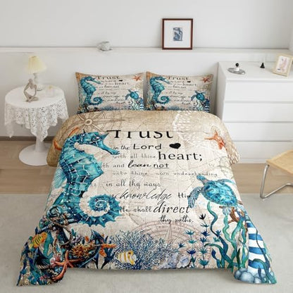 Homewish Seahorse Turtle Comforter Set Queen Size,Nautical Anchor Lighthouse Bedding Sets for Kids Girls Boys Teens Room Decor,Ocean Animals Quilt Set Vintage Bible Quotes Duvet Insert,2 Pillowcases