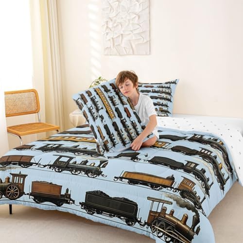 Erosebridal Vintage Steam Train Comforter Set Full Travel Locomotive Train Bedding Set Transport Vehicle Comforter for Kids Boys Girls Steampunk Railway Quilt Duvet Blue