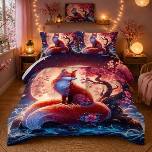 Nttopship Fox Comforter Bedding Set with 2 Pillowcase King Size Cartoon Fox Sakura Comforter Set for Kids Boys Girls Bedroom Decor