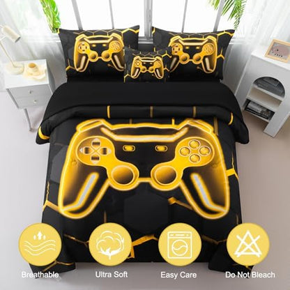6 Pieces Gamer Comforter Set Full Size 3D Game Console Kids Bedding Set for Boys Black and Gold Gaming Comforter Set with Sheets Gamepad Printed Teen Boy Bed Sets (Gold, Full)