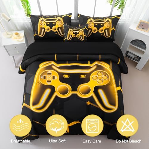Gamer Twin Comforter Set for Boys - 6 Pieces Gold Gaming Teen Boy Bedding, 3D Game Console Kids Bed in A Bag, Gamepad Printed Bed Set with Sheets (Gold, Twin)
