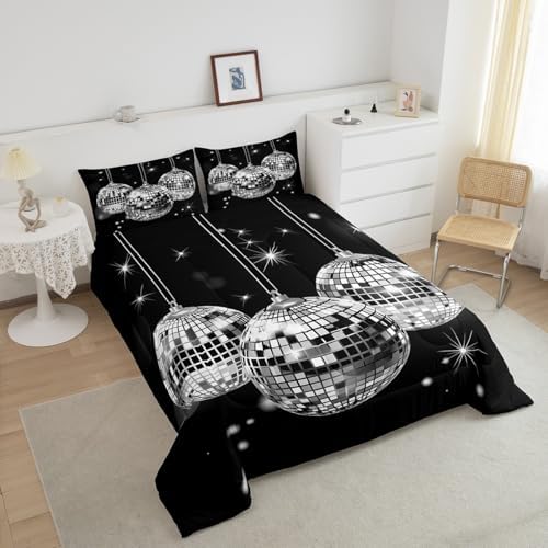 Homewish Dance Party Full Size Comforter Set,Vintage Music Black Bedding Set for Adults Teens,Children Disco Light Comforter Luxury Geometric Square Circle Quilt Set Room Decor 3Pcs