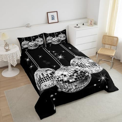 Homewish Dance Party Full Size Comforter Set,Vintage Music Black Bedding Set for Adults Teens,Children Disco Light Comforter Luxury Geometric Square Circle Quilt Set Room Decor 3Pcs