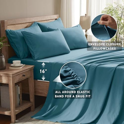 Twin Sheets Set - 4 Piece Soft Microfiber and Wrinkle Free Sheets - Easy Care, Extra Soft, Cooling Sheets - 1 Deep Pocket Fitted Sheet 1 Flat Sheet and 2 Pillowcases (Twin Denim Blue)