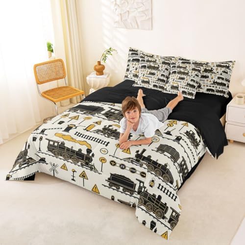 Erosebridal 7 Pcs Cartoon Steam Train Kids Bedding Set Queen Size Funny Train Comforter Set with Sheets for Boys Teens Men Retro Transport Vehicle Bed in A Bag Steampunk Railway Aesthetic Bed Sets