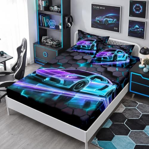 HOSIMA Race Car Queen Bedding Sets for Boys,1 Fitted Sheet+2 Pillowcases.