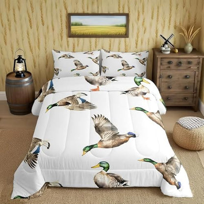 Feelyou Mallard Duck Bedding Set Hunting and Fishing Comforter Set Wild Animal Comforter for Boys Girls Kids Wildlife White Duvet Set Full Size with 2 Pillow Case