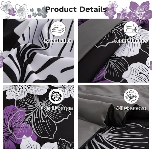 Luxudecor Floral Comforter Set Queen Size, 7 Pieces Bed in a Bag Purple Floral Comforter and Sheet Set, Soft Microfiber Complete Bedding Sets for All Seasons