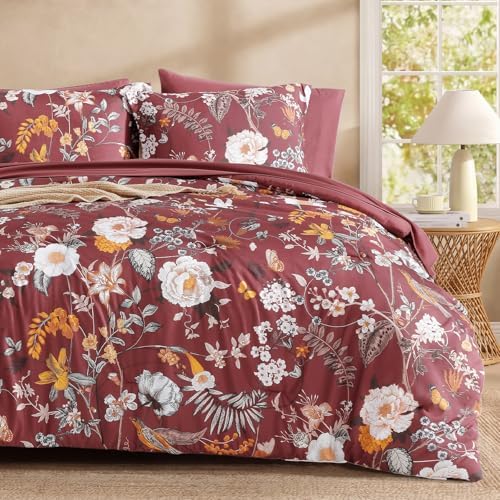 King Size Comforter Set - 7 Pieces Red Floral Bed in a Bag King Bedding Set